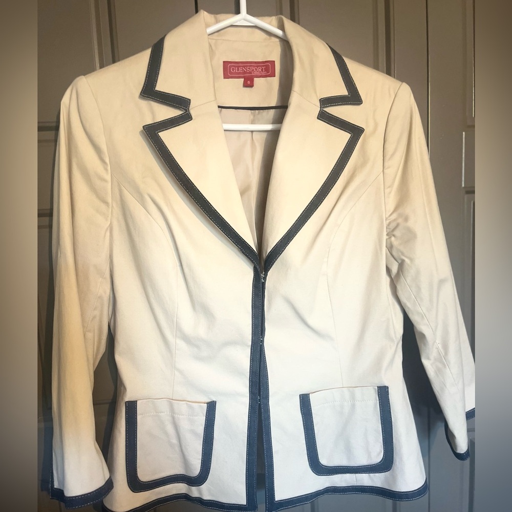 Beige with denim trim jacket, frog button closure 3/4 length sleeve size 6